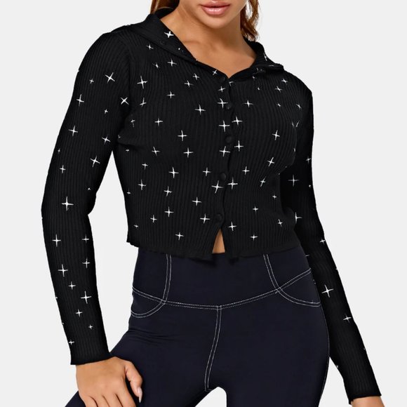 HALARA Tops - [Halara] NWT Hooded Button Star Print Ribbed Cropped Cardigan Large